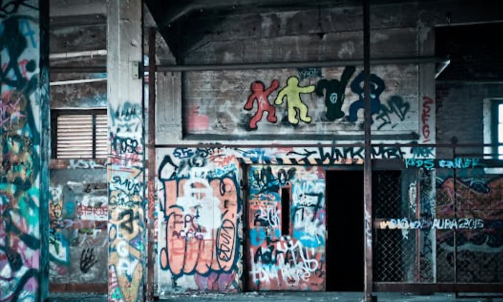 Graffiti-covered walls in a dilapidated building